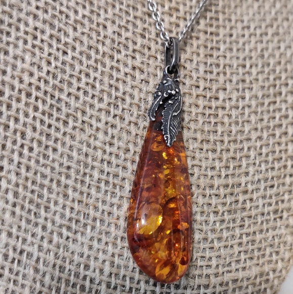 Art Nouveau Style Amber Pendant Silver Necklace - Picture 11 of 14